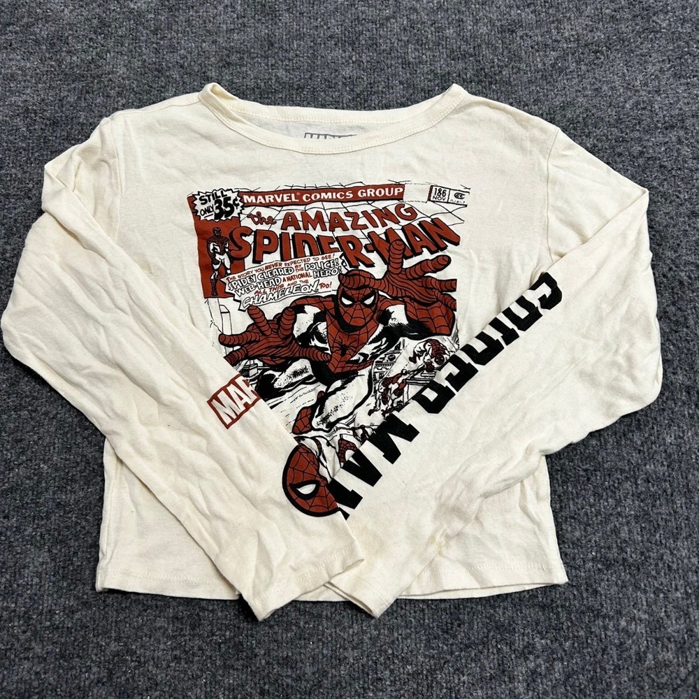 Marvel T-Shirt Womens Size M Cream Comic Graphic Long Sleeve Cotton Spider-Man